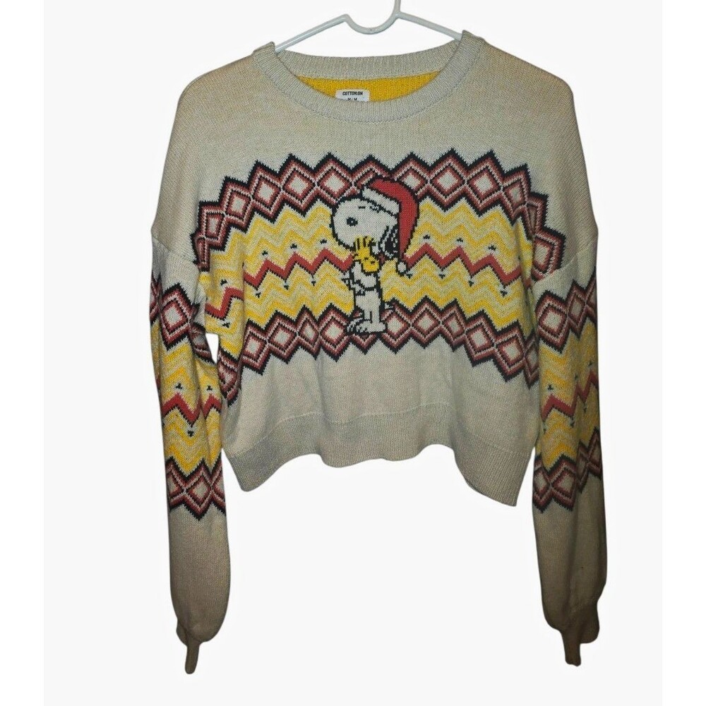 Cotton On Peanuts Snoopy Fair Isle Cropped Crewneck Sweater Women’s M Beige
